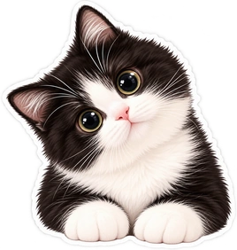 Sticker personalizado de un gatito blanco y negro con ojos brillantes y un contorno blanco definido