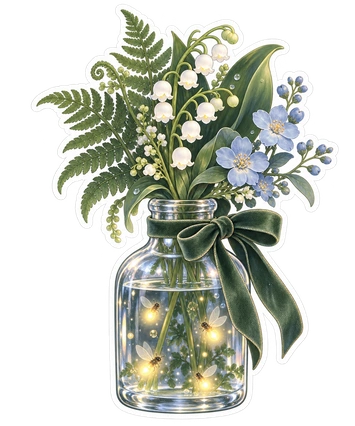 Sticker botánico de un frasco de cristal con helechos, flores azul pálido, luciérnagas luminosas y un lazo de terciopelo