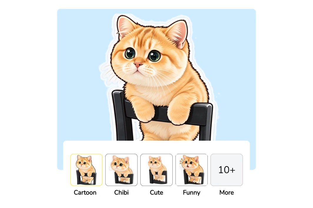 Estilos predefinidos del creador de stickers con IA que muestran un gato con aspecto de dibujo animado, chibi, tierno y divertido