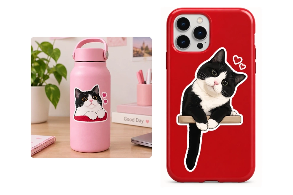 Stickers personalizados de gatos que decoran una botella de agua rosa y una funda de móvil roja