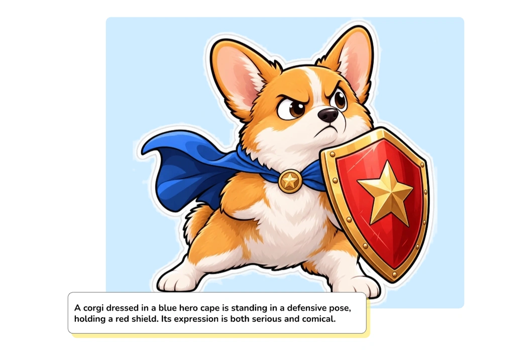 Sticker de un corgi superhéroe con capa azul y escudo rojo, junto al prompt usado para crearlo