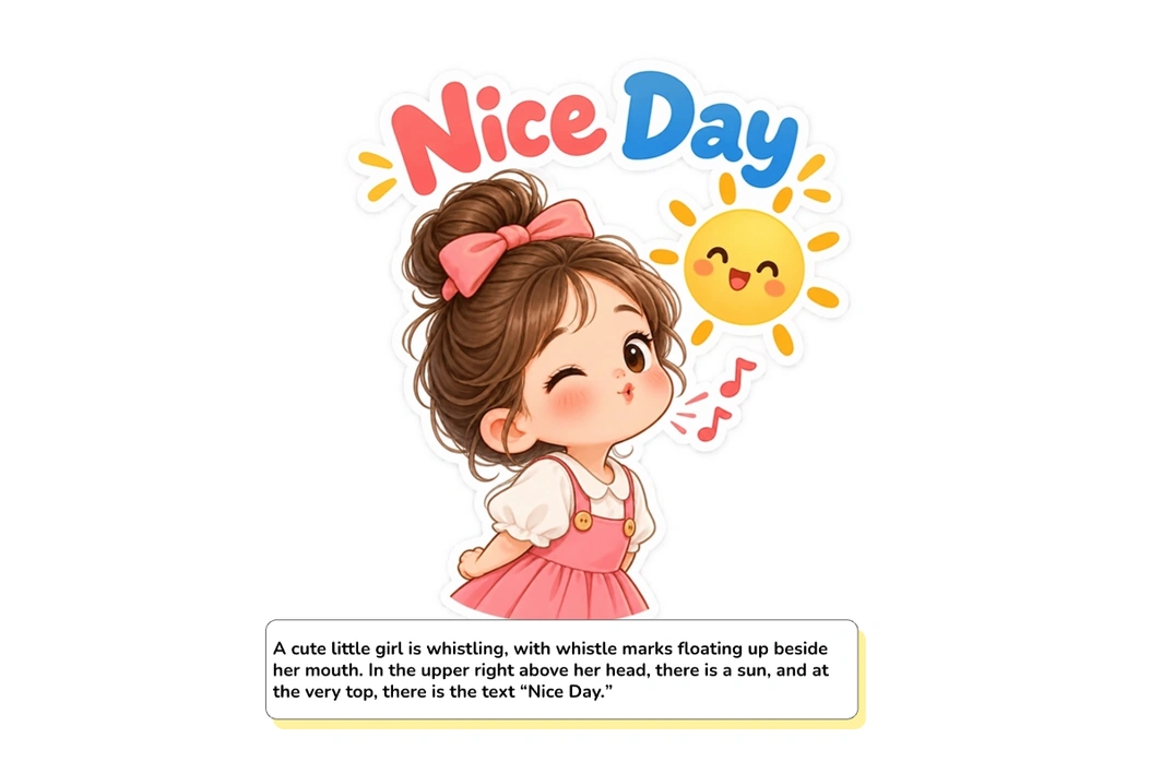 Prompt junto al sticker de una chica sonriente con el saludo «Nice Day» y un pequeño sol