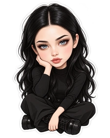 Sticker de dibujos animados de una mujer sentada, con pelo oscuro, chaqueta negra y contorno blanco
