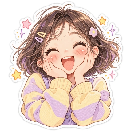 Sticker dibujado a mano de una chica sonriente que se sujeta las mejillas sonrosadas, rodeada de estrellas y destellos