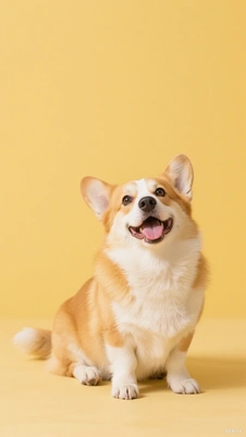 Foto original de un corgi alegre sentado sobre un fondo amarillo, usada para crear un sticker de mascota
