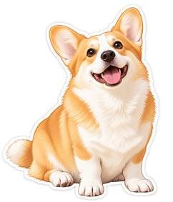 Sticker de un corgi sonriente con pelo esponjoso, borde blanco y fondo transparente