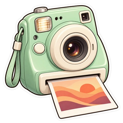 Sticker de una cámara instantánea verde menta que imprime una foto con formas abstractas en colores de atardecer