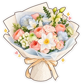 Sticker personalizado de un ramo en tonos pastel con rosas, pequeñas flores, papel de envolver y un delicado lazo