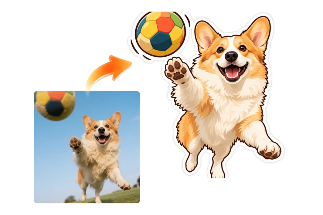Foto de una mascota transformada en un sticker personalizado de un corgi que juega con una pelota de colores