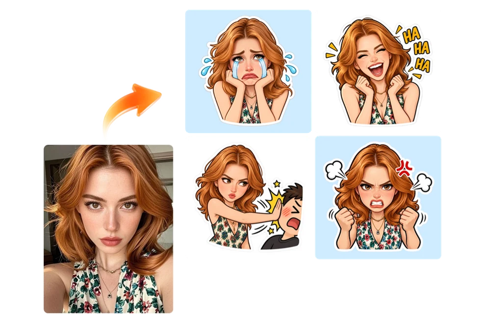 Retrato de una mujer convertido en stickers de reacciones personalizados para saludar y expresarse en los chats