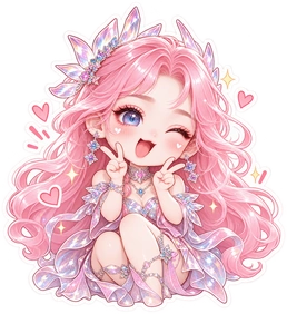 Sticker de un hada de anime con pelo rosa, corona de cristal, cintas delicadas y contorno blanco