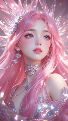 Retrato original de un personaje de fantasía con pelo rosa y corona de cristal, usado para crear un sticker