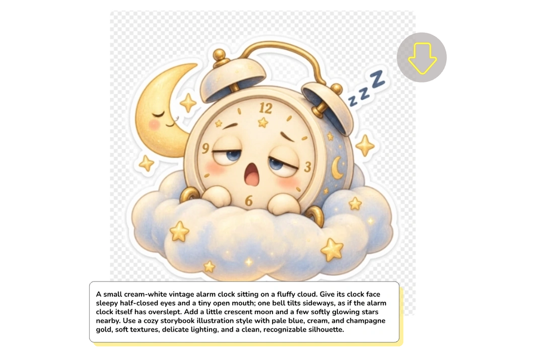 Personaje de despertador adormilado con una nube, contorno blanco de sticker y fondo transparente