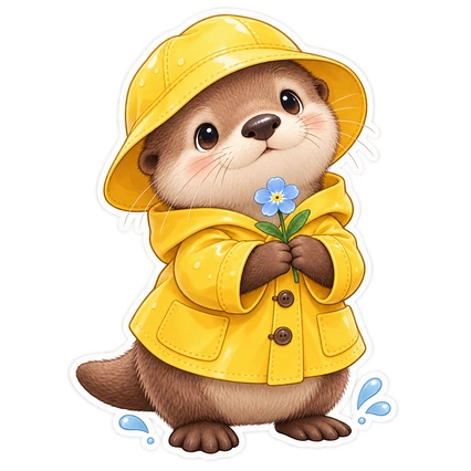 Nutria de cuento con impermeable y sombrero de lluvia amarillos que sostiene una pequeña flor azul