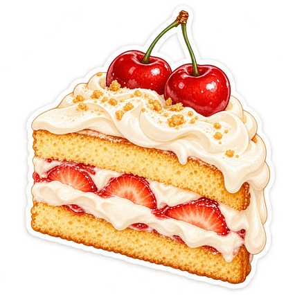 Sticker de una porción de tarta de fresa y nata en capas, coronada con dos cerezas rojas brillantes y reflejos suaves