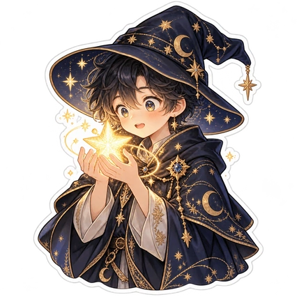 Joven mago con un sombrero azul noche decorado con estrellas que sostiene una estrella dorada luminosa