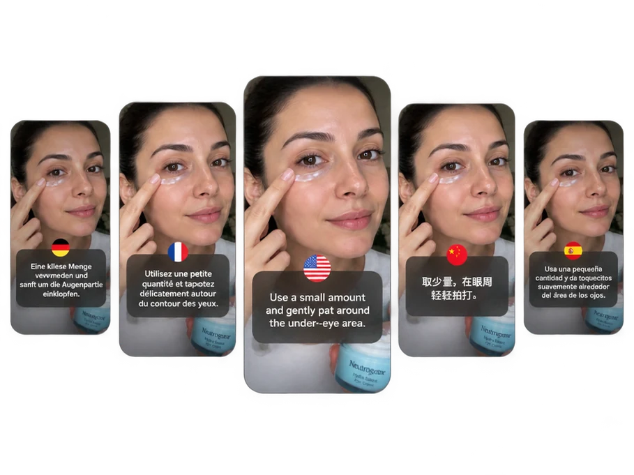 Demo multilingue di prodotti per la cura della pelle, tradotte con AI e con sottotitoli localizzati