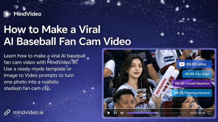 MindVideo AI baseball fan cam video hero image showing a generated stadium crowd clip and blog title preview.