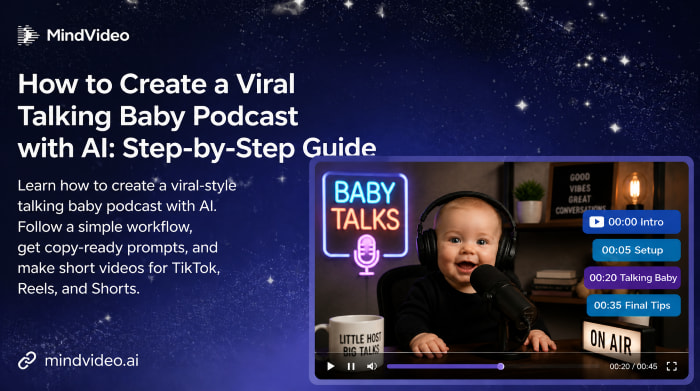 AI talking baby podcast video with a baby host speaking into a microphone
