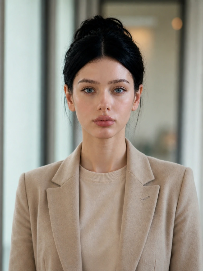 Aragon AI headshot result showing a woman in a beige blazer against an office background