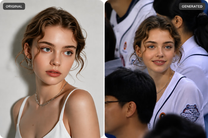 Before and after comparison of a portrait turned into a baseball fan cam scene