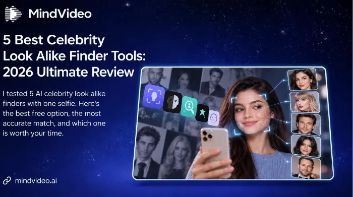Woman using a celebrity look alike finder app with AI-matched famous faces shown around her phone.