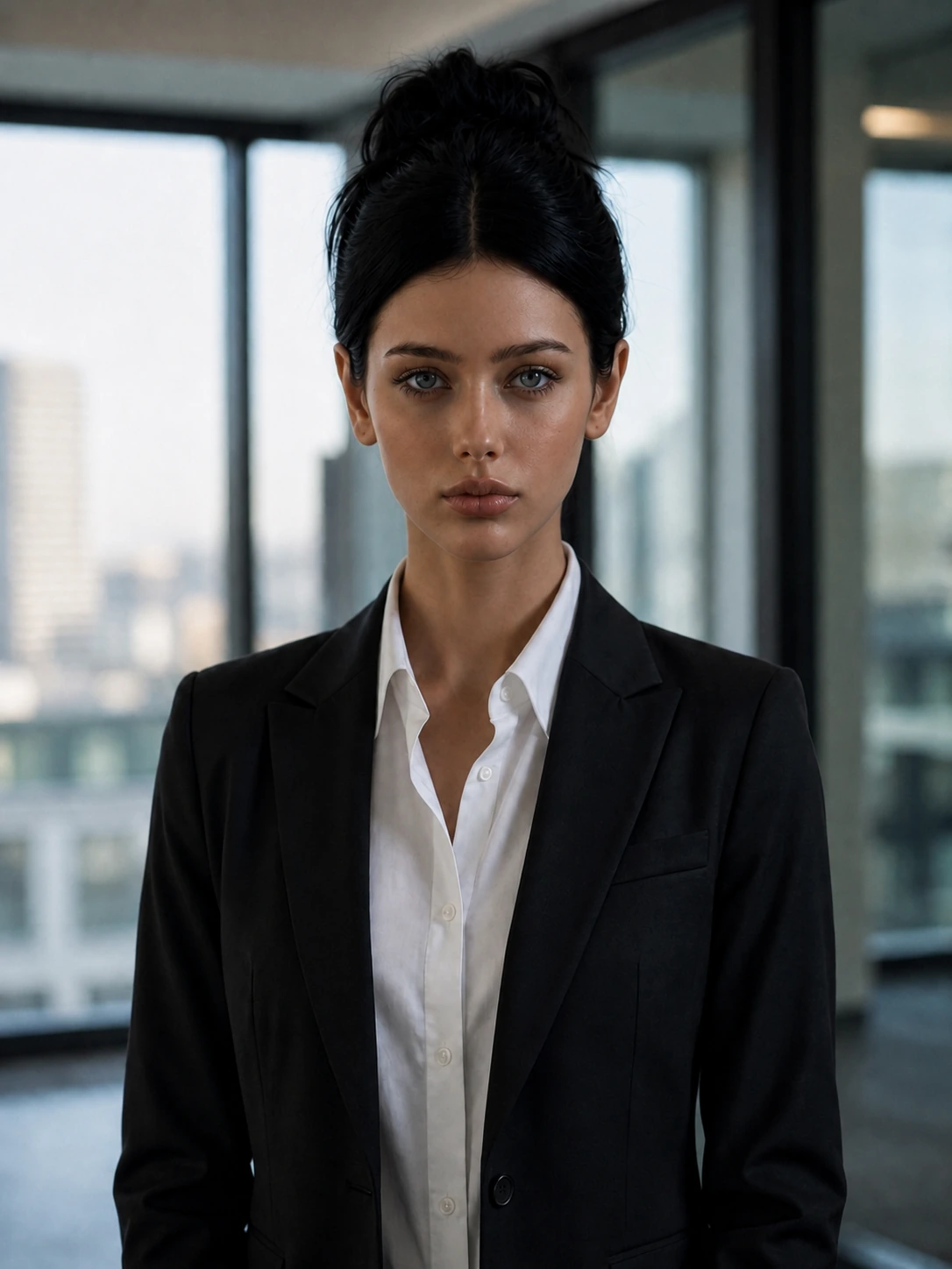 BetterPic business headshot result with a black blazer and a blurred city office background