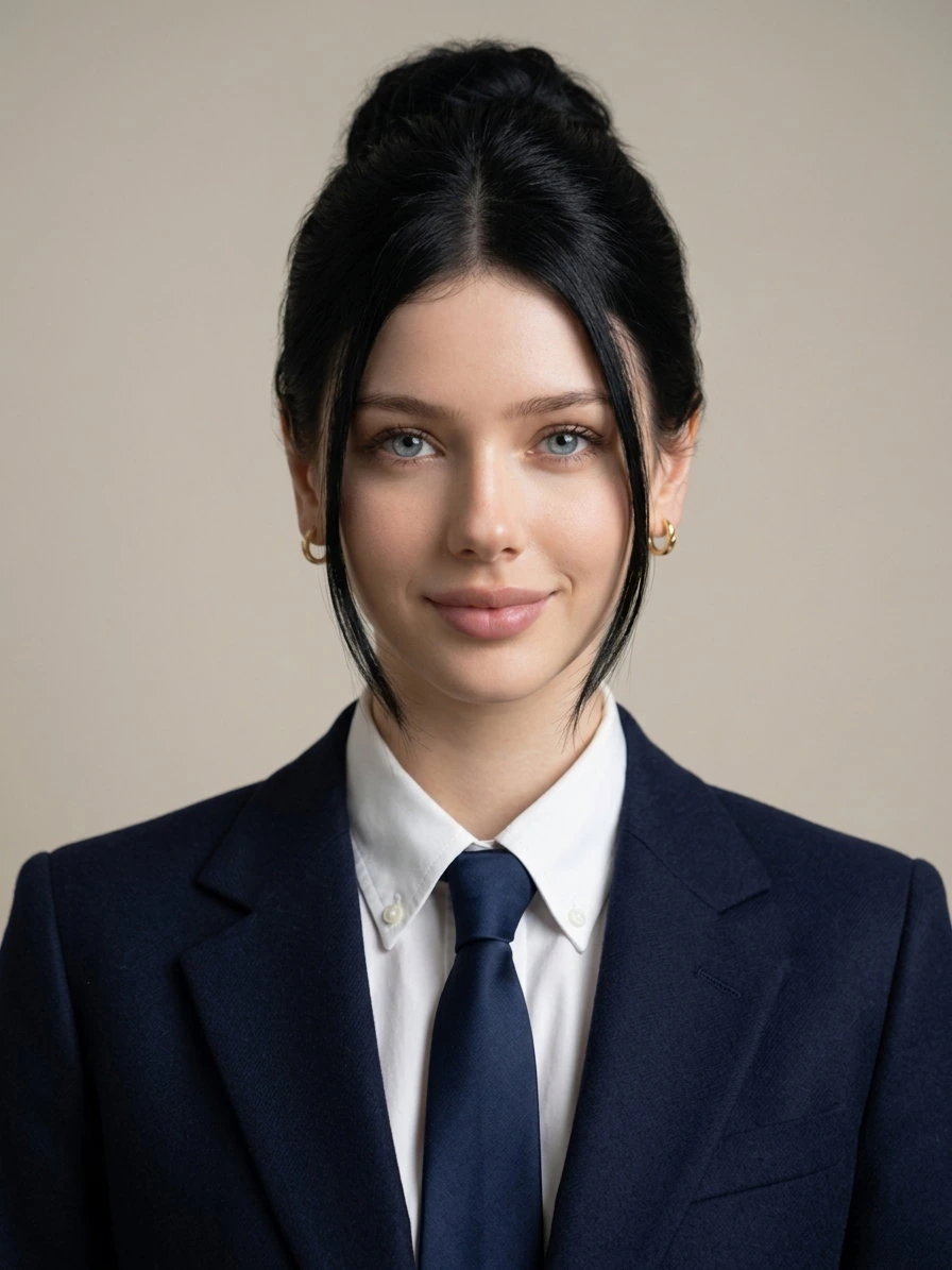 GoStudio professional headshot result with a navy suit, tie, and neutral studio background