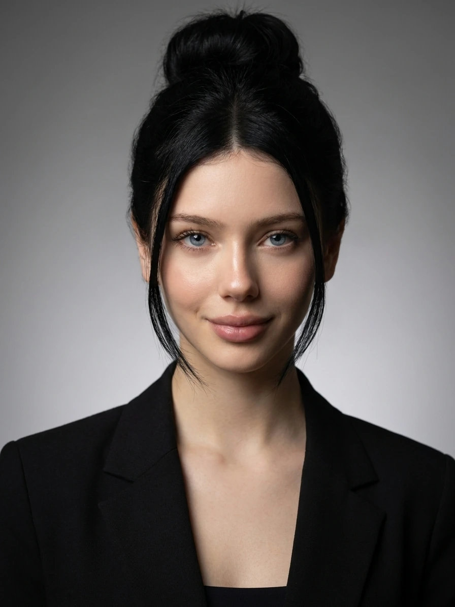 LockedIn LinkedIn headshot result with a black blazer and soft gray studio background