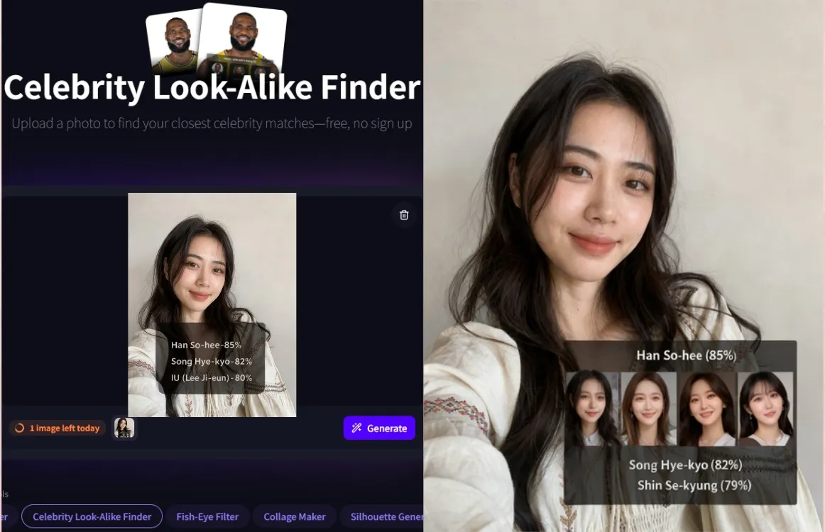 Magic Hour celebrity look alike finder showing three matches with scores and a generate button.
