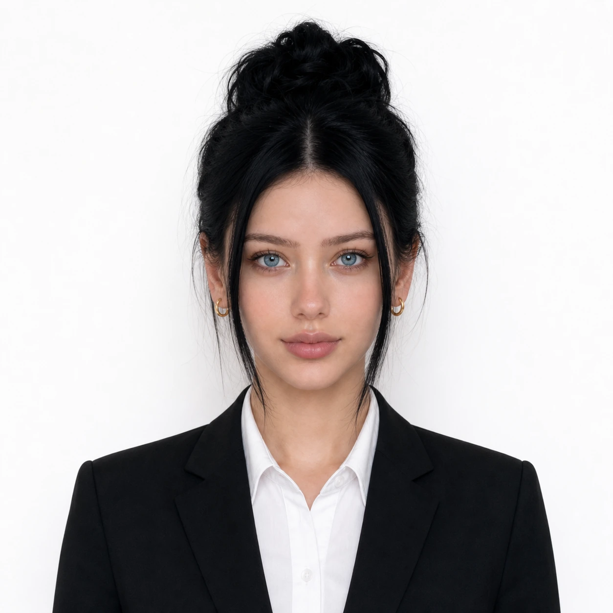 MindVideo AI professional headshot result with a black suit and clean white background