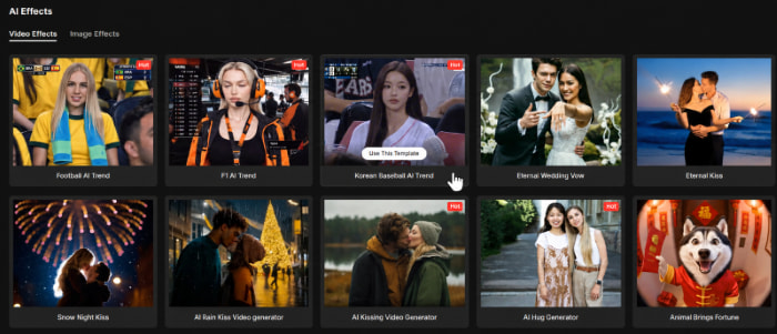 MindVideo AI Effects gallery highlighting the Korean Baseball AI Trend template.