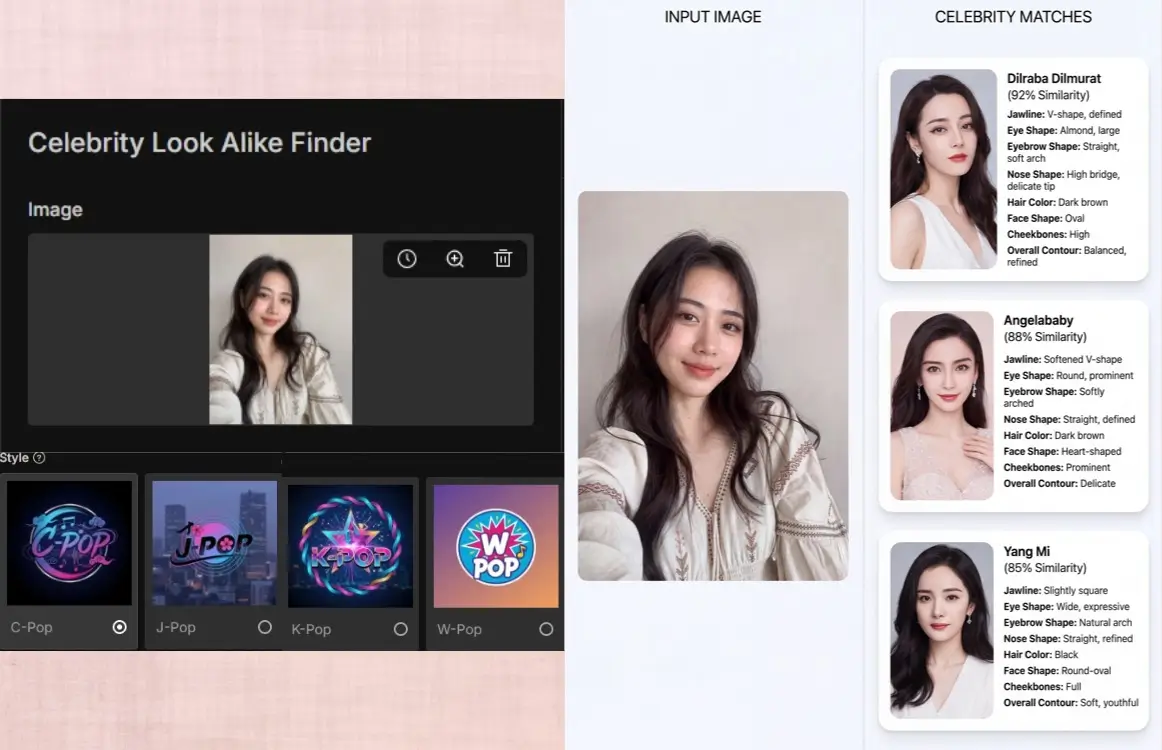 MindVideo celebrity look alike finder shows three matches with scores and facial feature analysis.