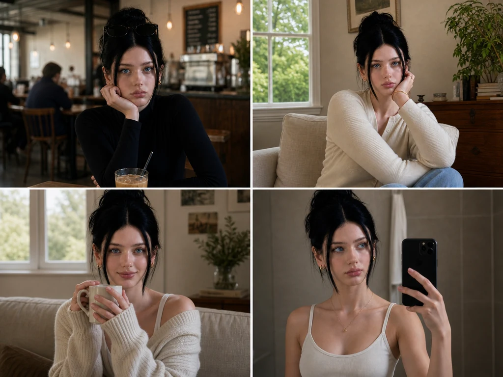 Four casual source photos of the same woman used to test AI headshot generators