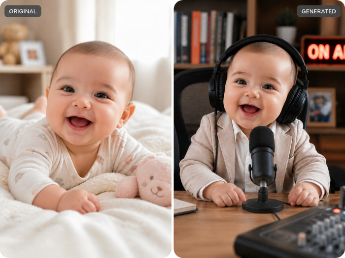 Before and after example of turning a baby image into a podcast-style host
