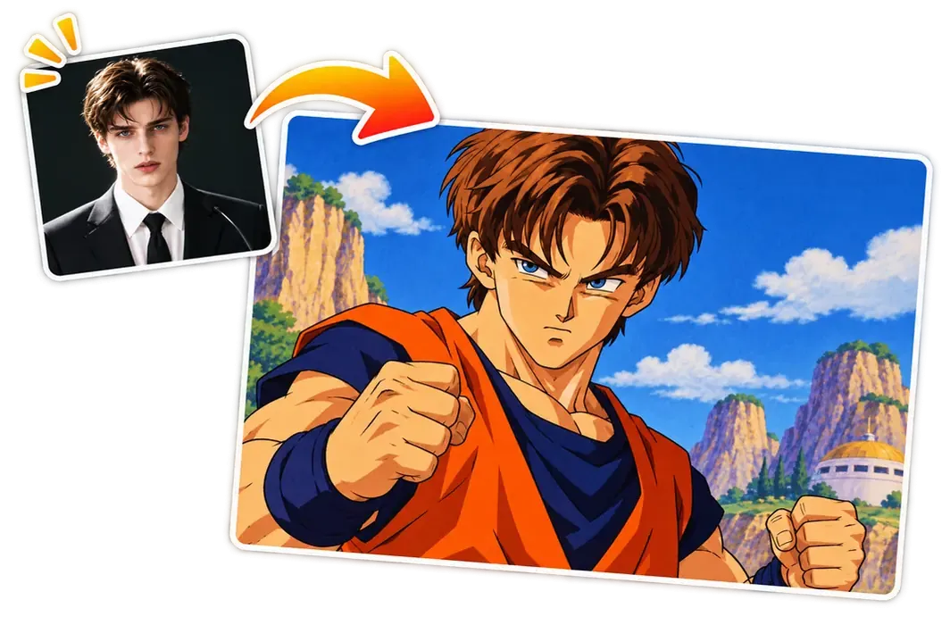 Man’s portrait transformed into orange-clad Dragon Ball fan art, shown in a framed comparison