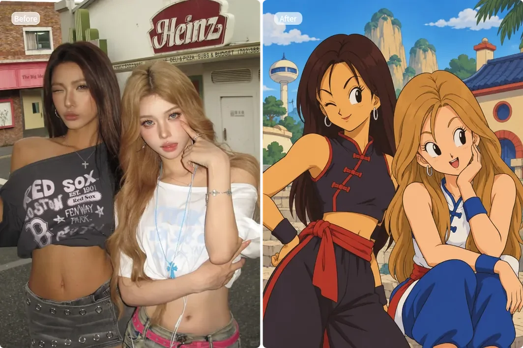 Two friends before and after the Dragon Ball AI Filter, with matching anime outfits and scenery