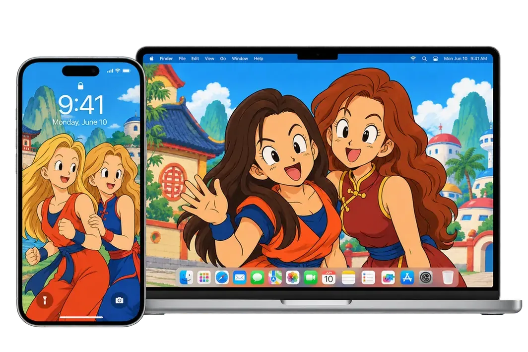 Matching anime portraits displayed as phone and laptop wallpapers using the Dragon Ball AI Filter