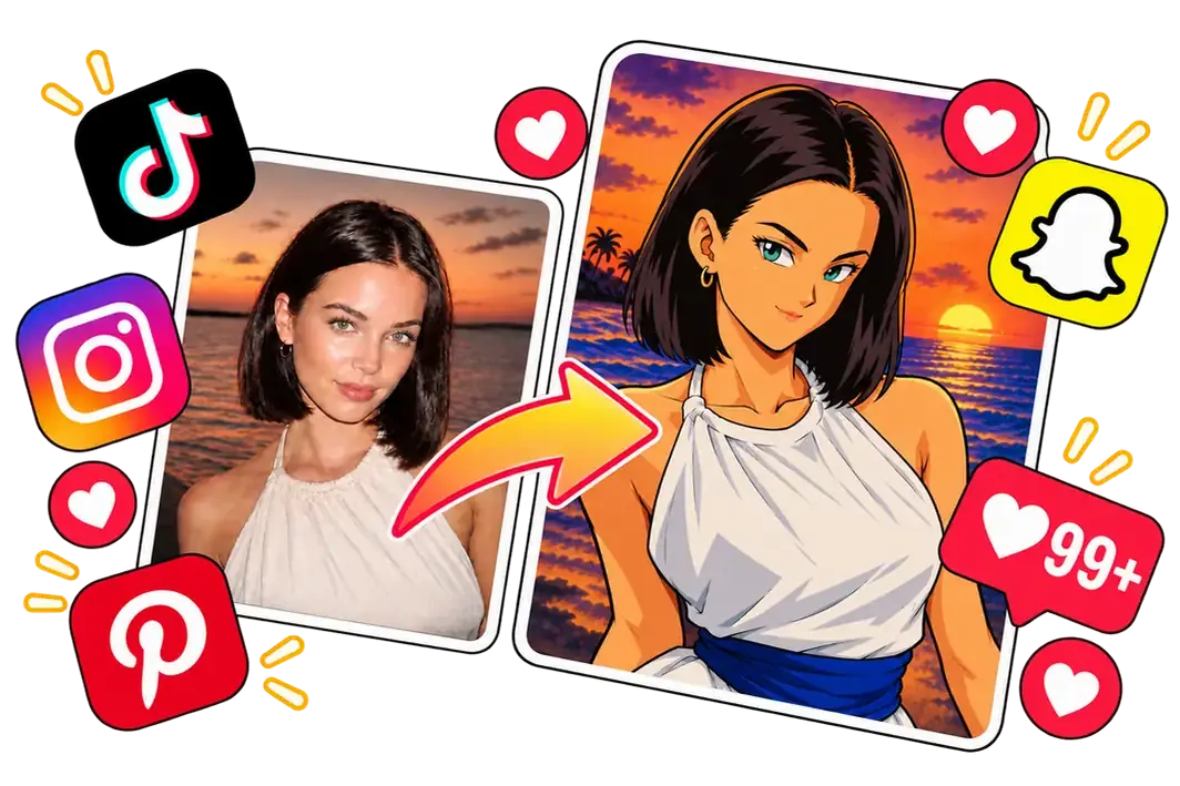Dragon Ball AI Photos before-and-after portrait surrounded by social icons and heart reactions