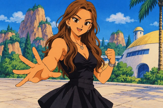 Woman in a black dress redrawn in a colorful Dragon Ball Z city with palm trees
