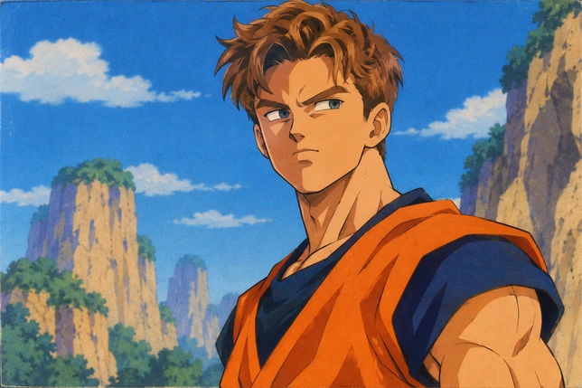 Brown-haired man in an orange martial arts outfit against a Dragon Ball Z mountain backdrop