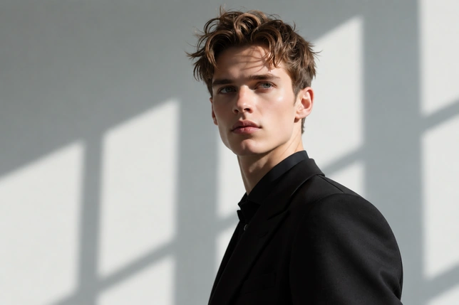 Brown-haired man in a black jacket standing beside a sunlit wall