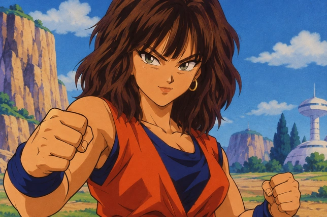 Brunette woman with bangs in an orange martial arts outfit in a Dragon Ball Z landscape