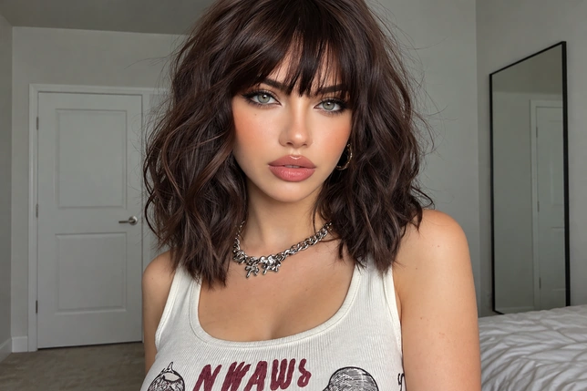 Brunette woman with bangs in a white tank top before her Dragon Ball Z transformation
