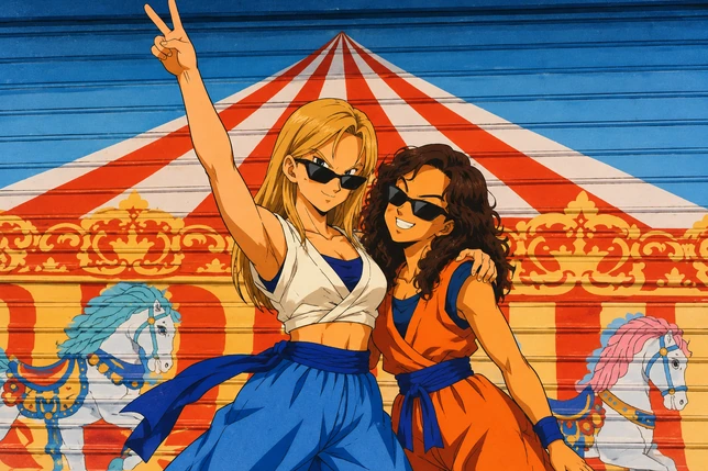 Two friends in orange and blue outfits transformed into Dragon Ball AI Photos at a carnival