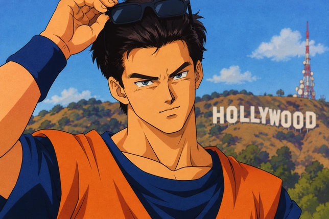 Dark-haired man in an orange outfit in Hollywood after the Dragon Ball AI Character Generator