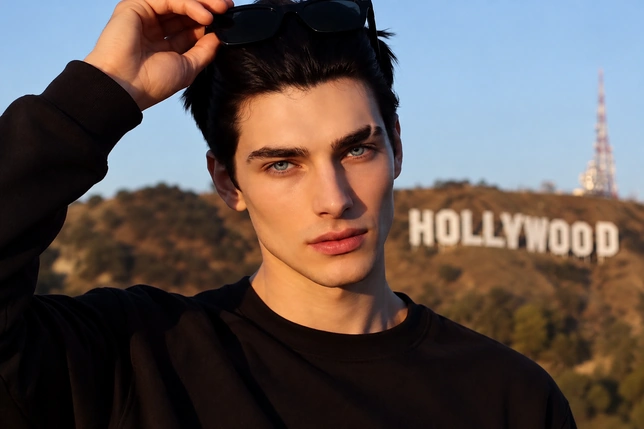 Dark-haired man holding his sunglasses in front of the Hollywood sign