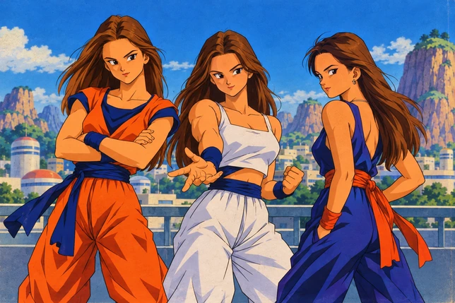 Three friends redrawn in orange and white outfits against a Dragon Ball Z landscape
