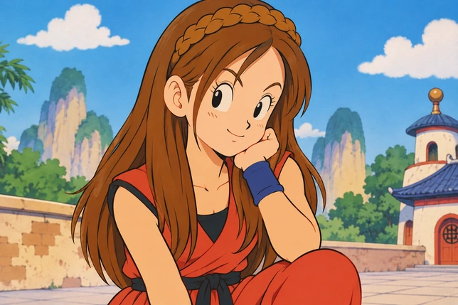 Girl with a braided headband and red martial arts outfit in an Early Dragon Ball village