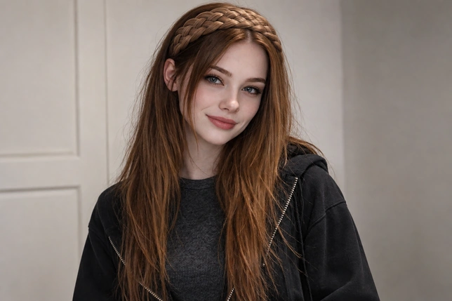 Woman with a braided headband and long brown hair wearing a black top indoors